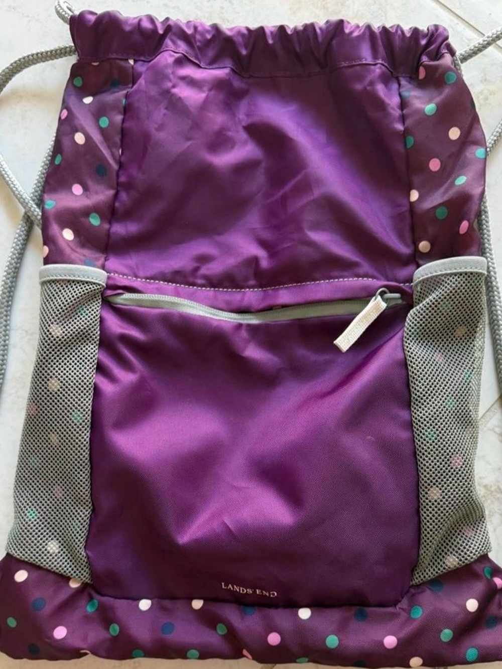 Lands' End Purple Polka Dot Drawstring Backpack with Gray Mesh Pockets